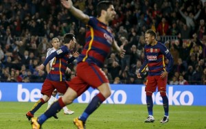 Neymar,+Luis+Suarez+and+Lionel+Messi+celebrate+a+goal+against+Valencia