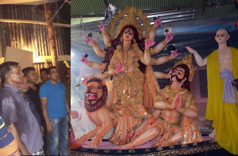মঠবাড়িয়া থানার ওসি কে.এম. তারিকুল ইসলামের পূজা মন্ডপ পরিদর্শন